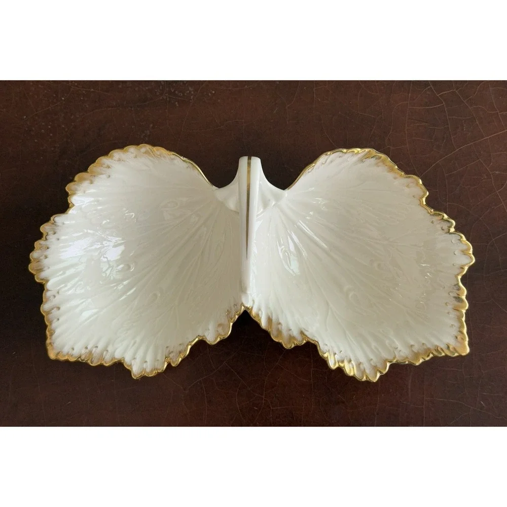 LENOX Double Leaf Ivory Gold Trim Ceramic Serving/Nut/Candy Dish Fall - USA Made